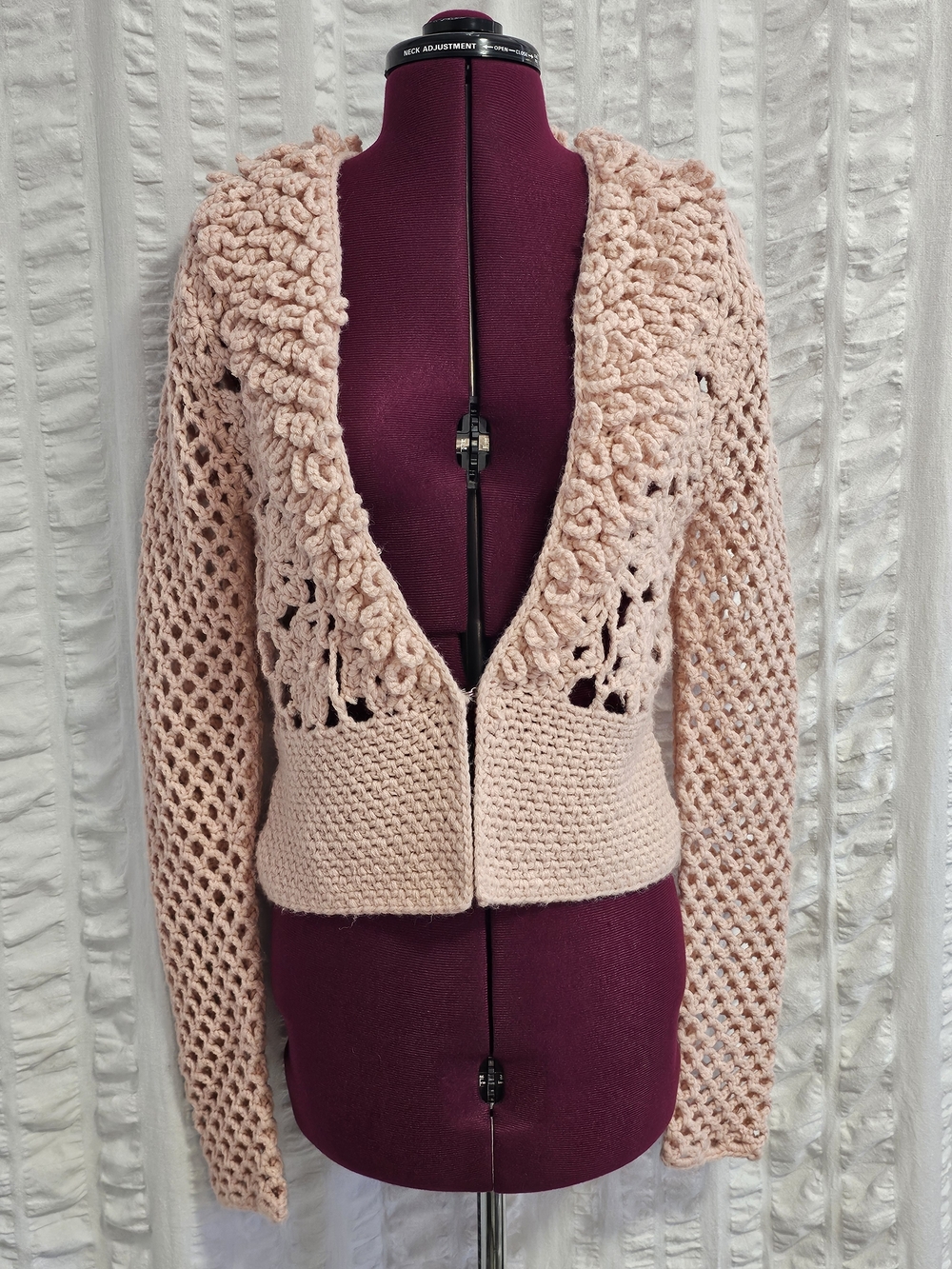 Nine West Romantic Soft Pink Open Stitch Crochet Wool Blend Open-Front Cardigan